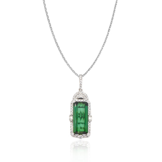 14K Deco Halo Emerald-Cut Green Tourmaline Pendant