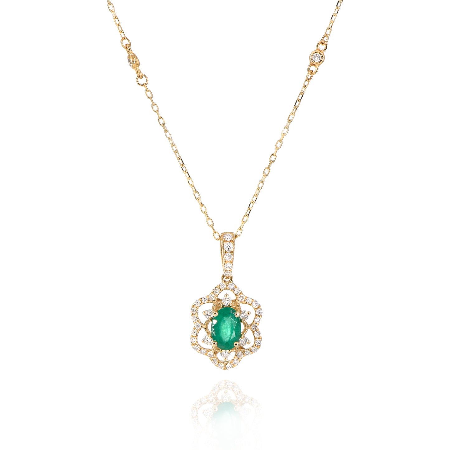 14K Oval Emerald Vintage Floral Diamond Halo Pendant