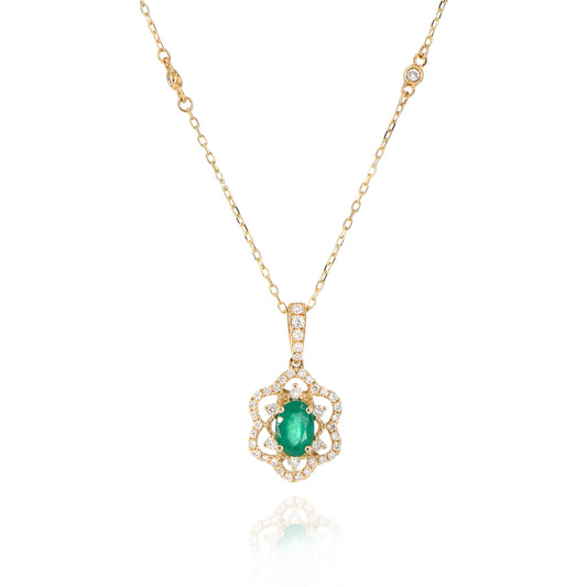 14K Oval Emerald Vintage Floral Diamond Halo Pendant