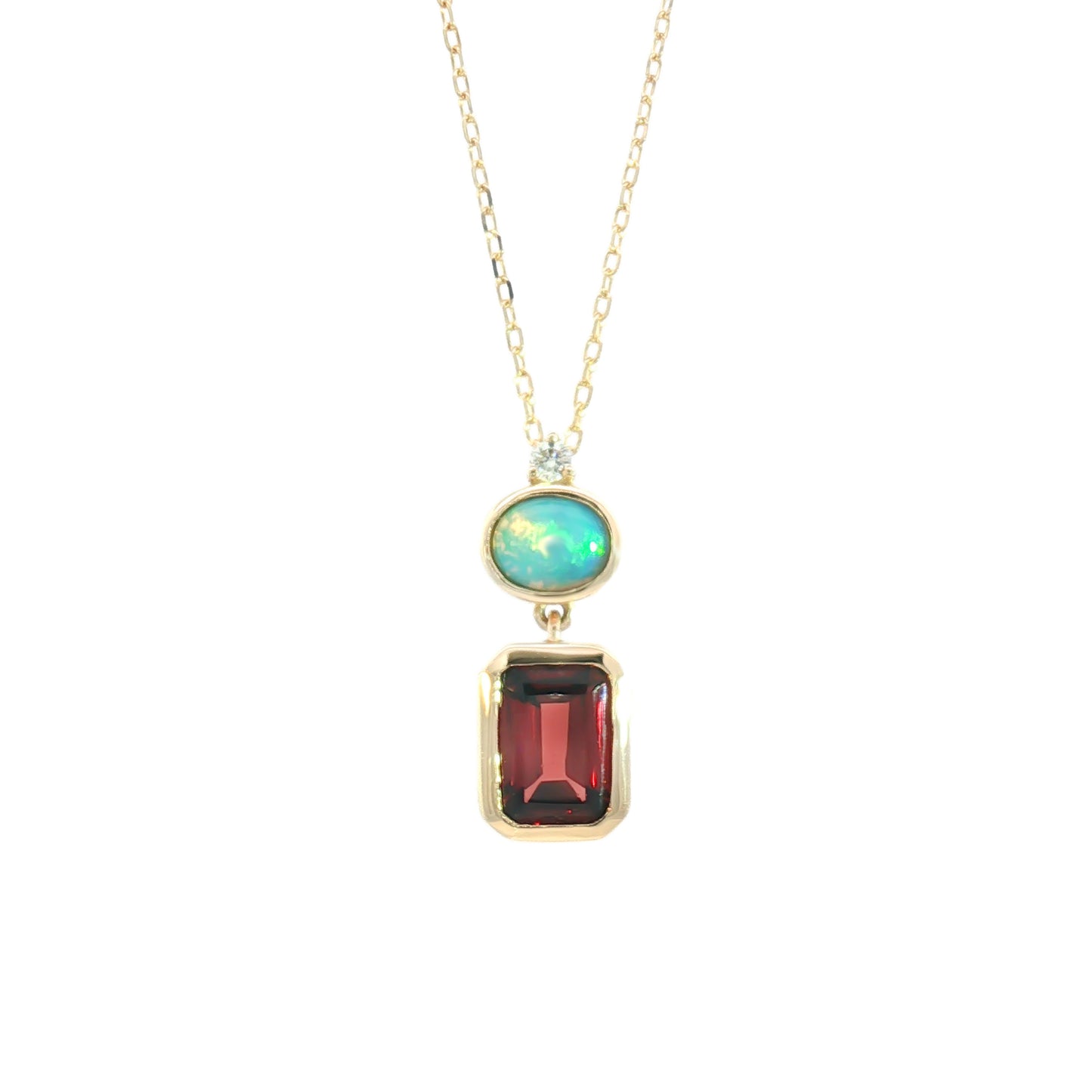 14K Ethiopian Opal & Garnet Bezel Drop Pendant