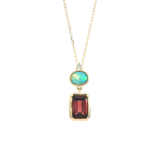 14K Ethiopian Opal & Garnet Bezel Drop Pendant