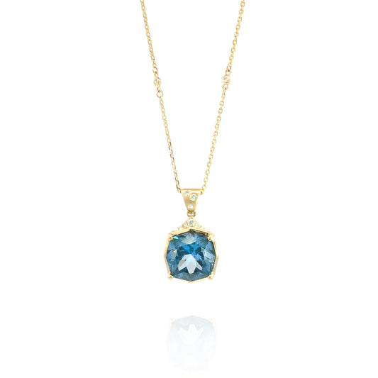 14K Satin Octagon London Blue Topaz & Diamond Pendant
