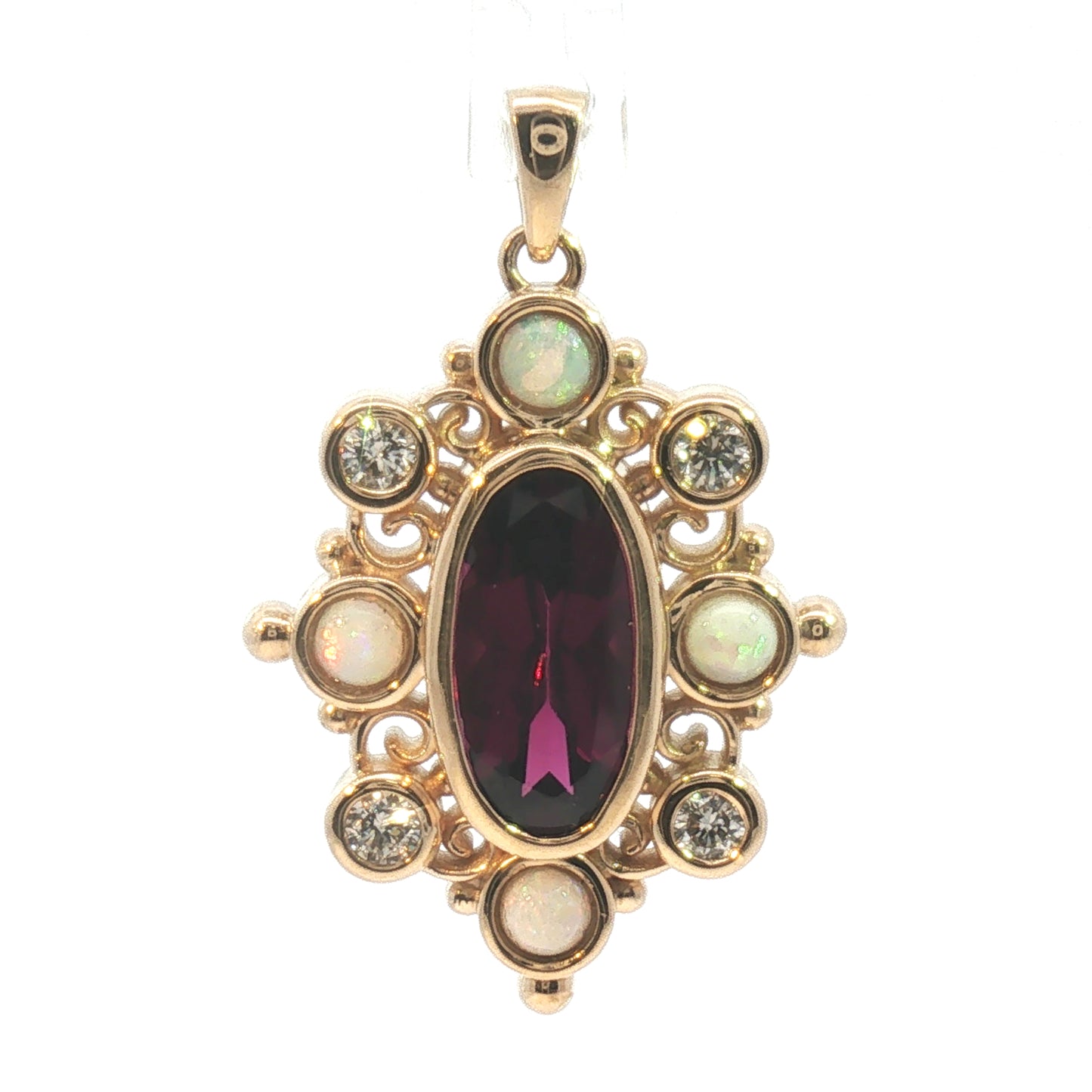 14K Romantic Milgrain Bezel Oval Rhodolite Garnet, Opal, & Diamond Pendant