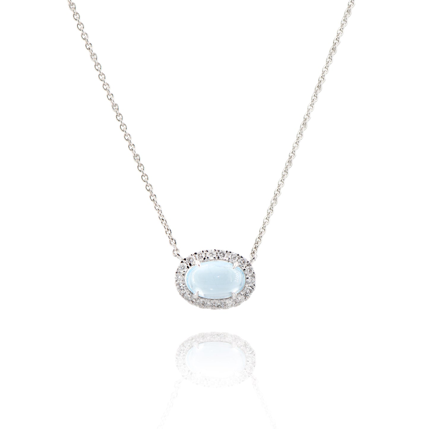 14K East West Diamond Halo Cabochon Aquamarine Necklace