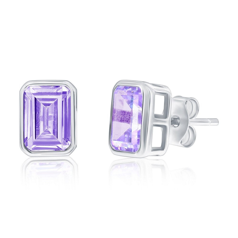Sterling Silver Lavender CZ Emerald-Cut Bezel Stud Earrings
