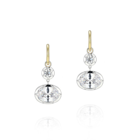 Sterling Silver East West Oval CZ Drop Huggie Earrings