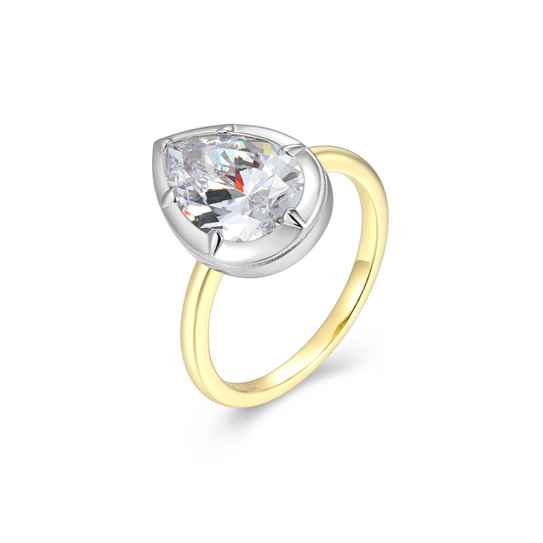 Two Tone Six-Prong Bezel Pear CZ Solitaire Ring