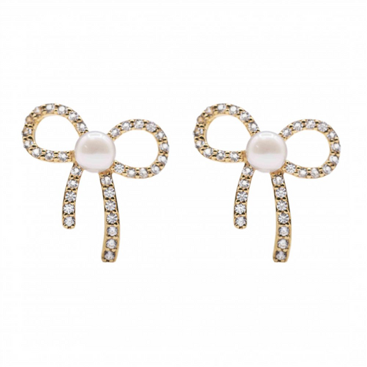 14K Freshwater Pearl & White Topaz Bow Stud Earrings