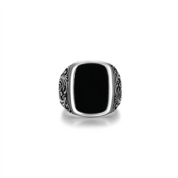 Sterling Silver Chisel Filigree Black Agate Cushion Ring