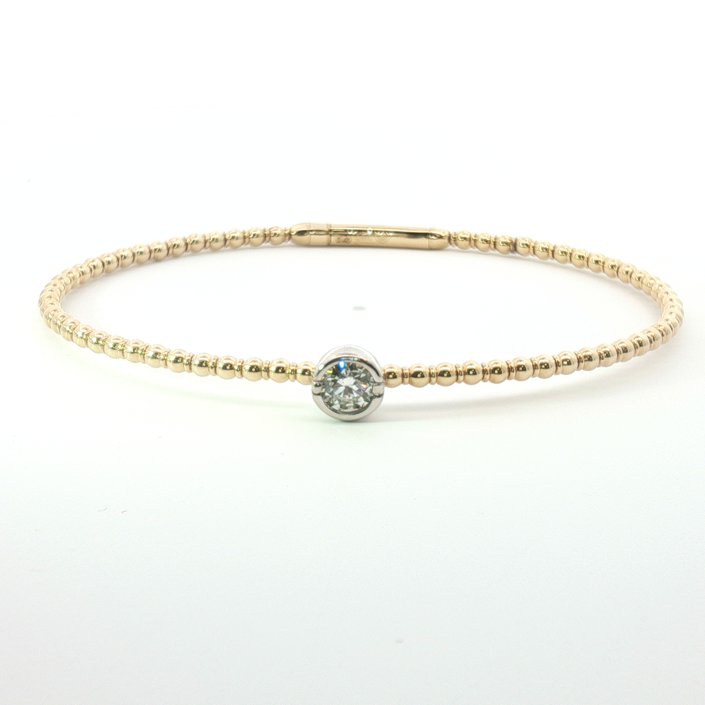 14K Bezel Solitaire Diamond Beaded Bangle Bracelet