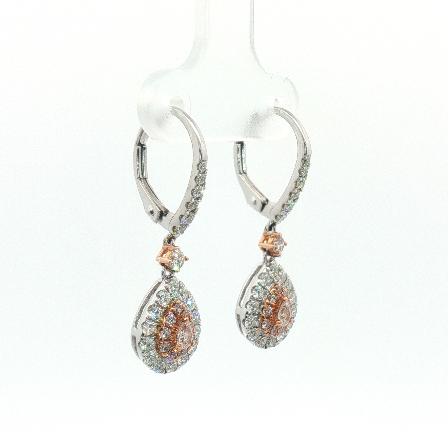 18K Rose & White Gold Fancy Pink Diamond Double Halo Leverback Drop Earrings