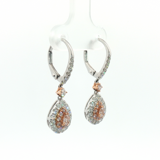 18K Rose & White Gold Fancy Pink Diamond Double Halo Leverback Drop Earrings