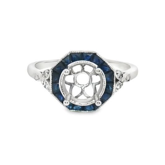14K Art Deco Sapphire & Diamond Semi-Mount Engagement Ring
