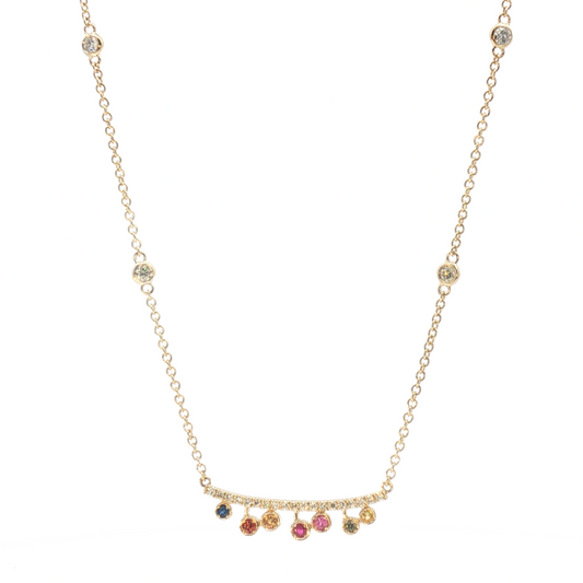 14K Rainbow Sapphire Curved Bar Stationary Necklace