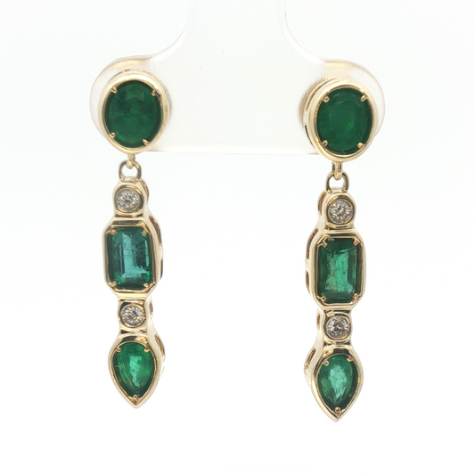 14K Multi-Shape Emerald Bezel Dangle Earrings