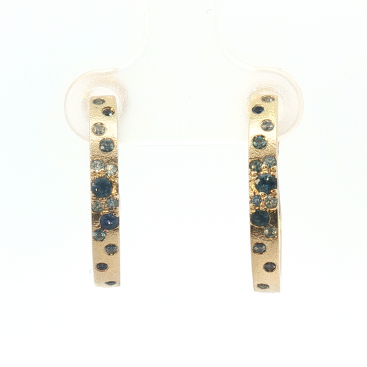 14K Satin Scattered Blue Sapphire Omega Back Hoop Earrings