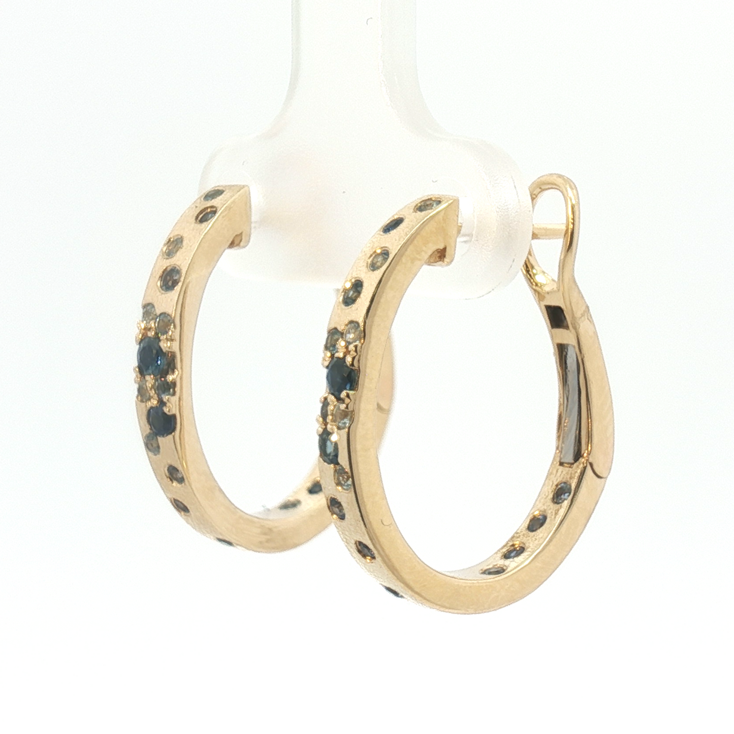 14K Satin Scattered Blue Sapphire Omega Back Hoop Earrings