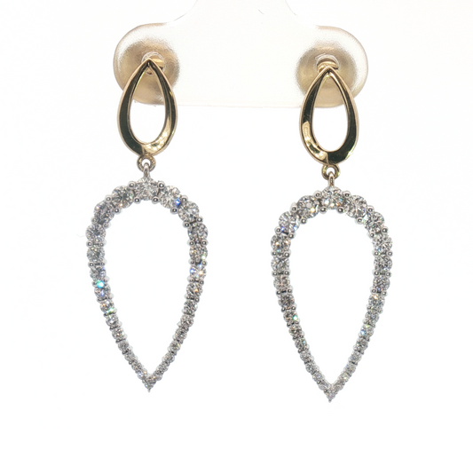 14K Two Tone Open Teardrop Diamond Stud Dangle Earrings