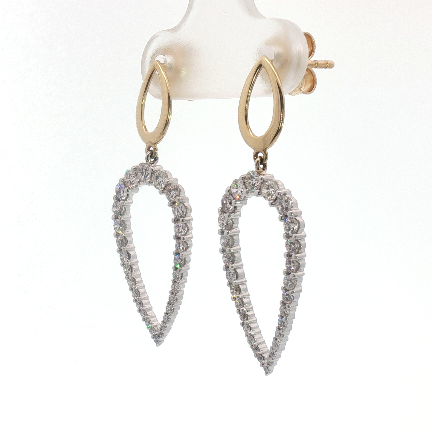 14K Two Tone Open Teardrop Diamond Stud Dangle Earrings