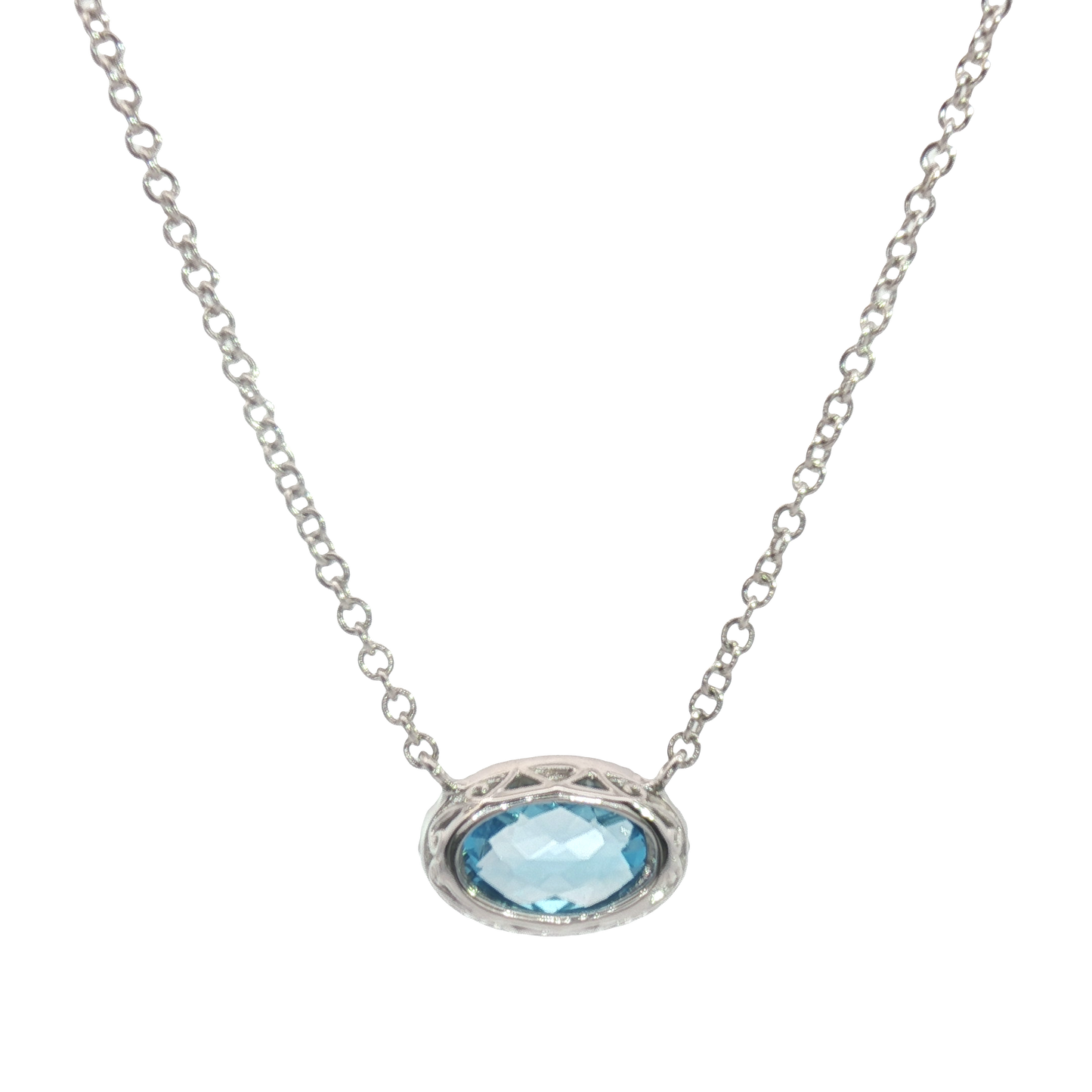 14K East West Milgrain Frame Checkerboard Blue Topaz Stationary Necklace