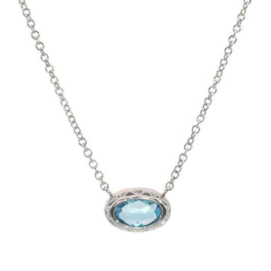 14K East West Milgrain Frame Checkerboard Blue Topaz Stationary Necklace