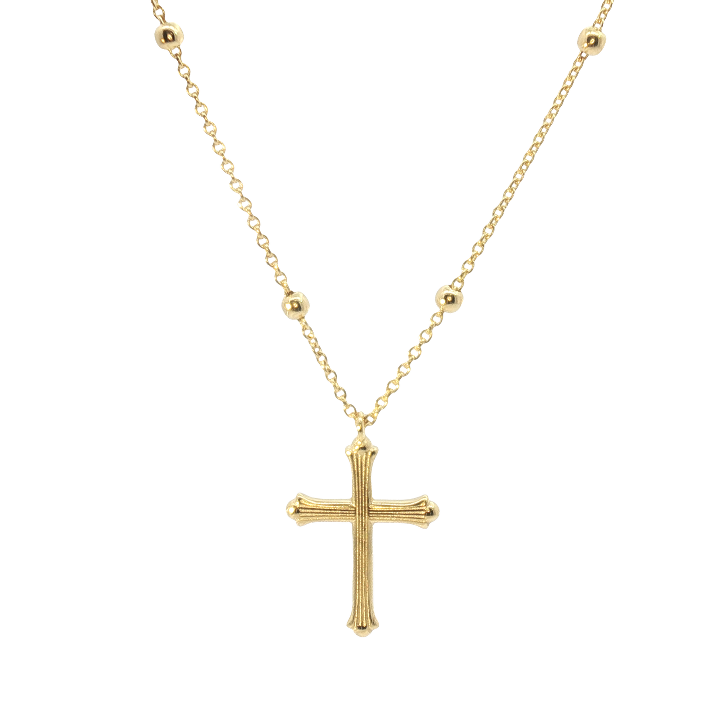 14K Bead Station Cross Necklace