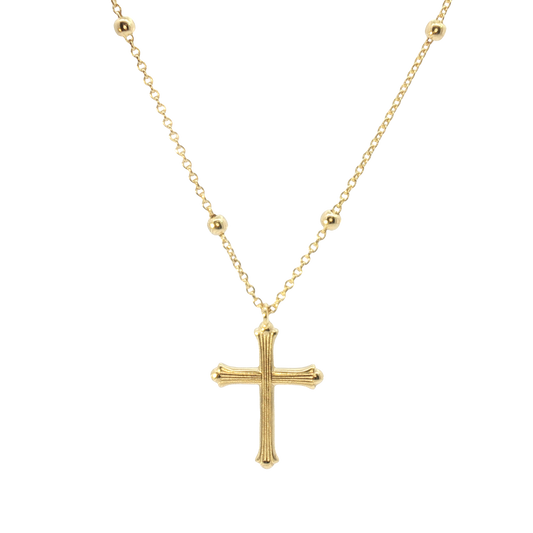 14K Bead Station Cross Necklace