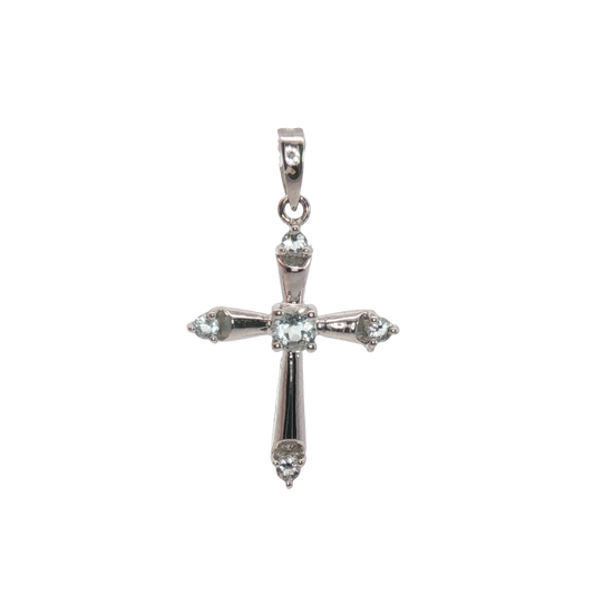 14 Karat White Gold Aquamarines Cross Pendant