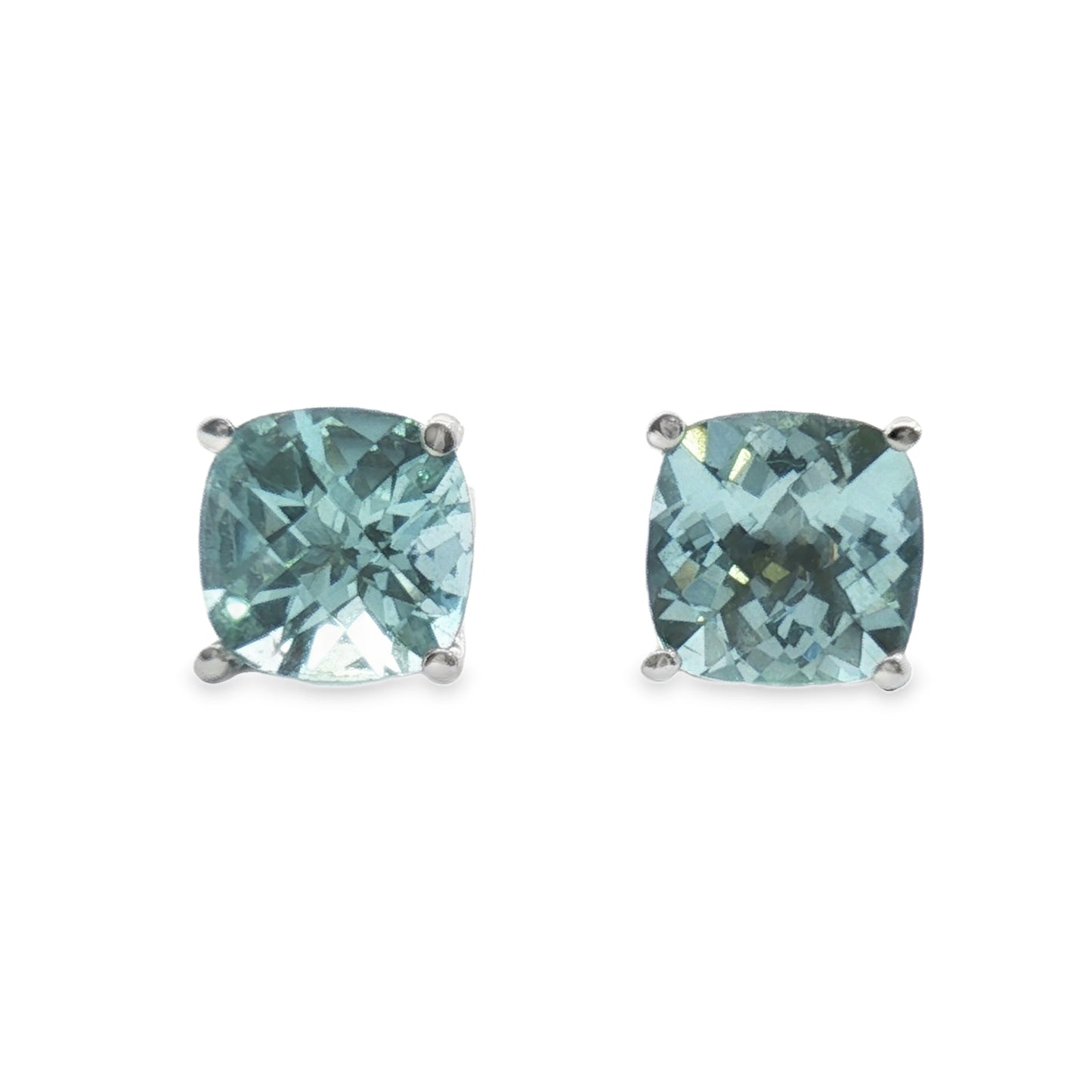 14K Aquamarine Checkerboard Cushion Stud Earrings