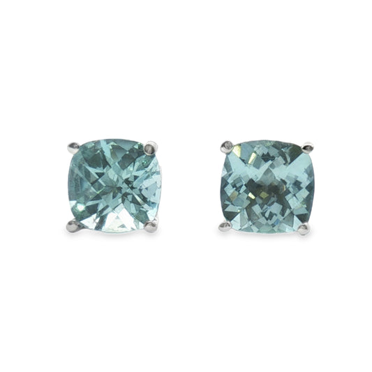 14K Aquamarine Checkerboard Cushion Stud Earrings