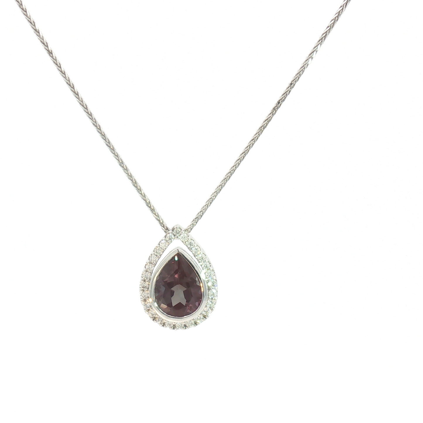 14 Karat White Gold Alexandrite Bezel Halo Pendant