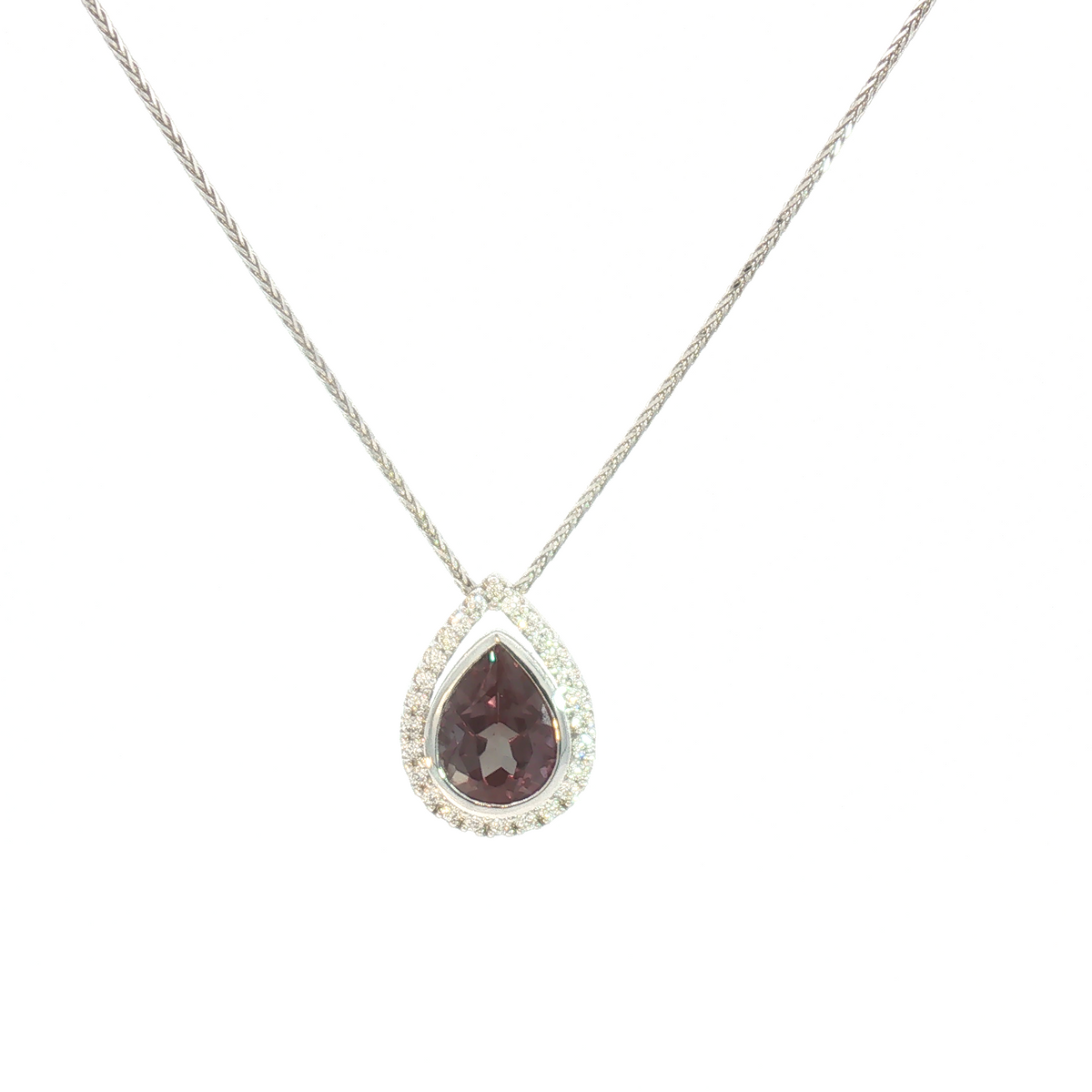 14 Karat White Gold Alexandrite Bezel Halo Pendant