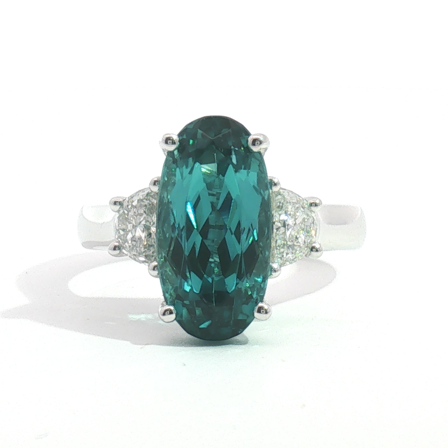 Platinum Elongated Oval Green Tourmaline & Half-Moon Diamond Cocktail Ring