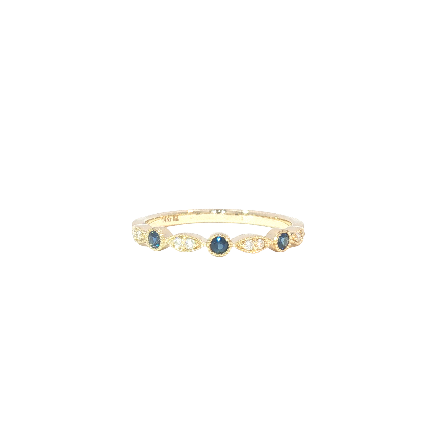 14K Blue Sapphire & Diamond Milgrain Bezel Marquise Pattern Band