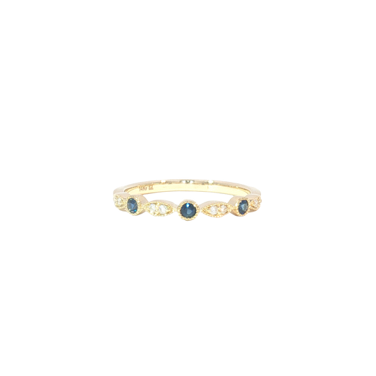 14K Blue Sapphire & Diamond Milgrain Bezel Marquise Pattern Band