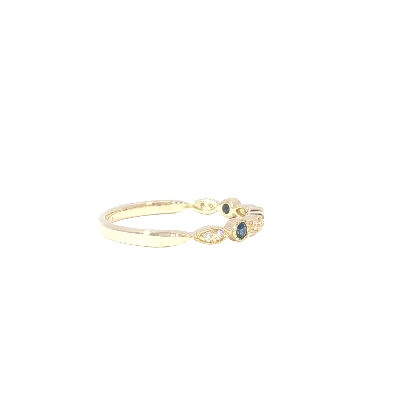 14K Blue Sapphire & Diamond Milgrain Bezel Marquise Pattern Band