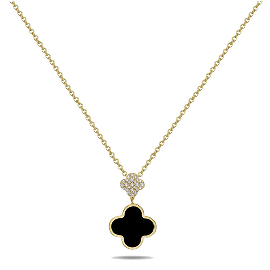 14K Clover Black Onyx & Diamond Dangling Drop Necklace