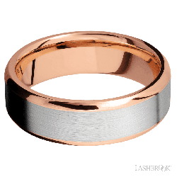 7 mm wide/Beveled/14K Rose Gold band with one 5 mm Centered inlay of 14K White Gold.
