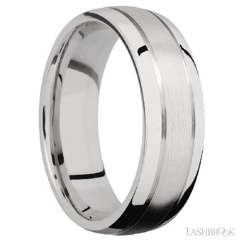 7 mm wide Domed with two accent grooves 14K White Gold band.