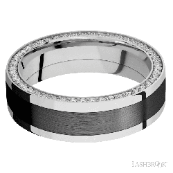7 mm wide/Flat/14K White Gold band with  one 4 mm Centered inlay of Zirconium and featuring a Side Eternity arrangement of .01 carat Round Diamond stones in a Bead Channel setting