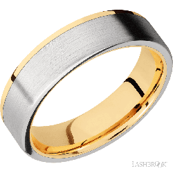 6 mm wide/Flat/14K Yellow Gold band with one 5 mm Off Center Edge inlay of Cobalt Chrome.