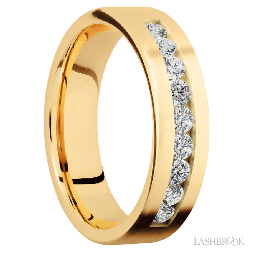 6 mm wide/Flat/14K Yellow Gold band with an arrangement of 9, .07 carat Round Diamond stones in a Channel setting.