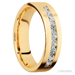 6 mm wide/Flat/14K Yellow Gold band with an  arrangement of 9, .07 carat Round Diamond stones in a Channel setting.