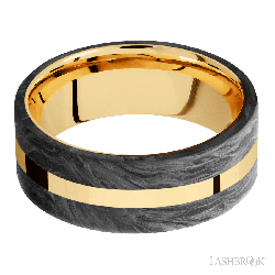 8 mm wide/Flat/14K Yellow Gold band with two 3 mm Double Off Center Edge inlays of Forged Carbon Fiber.