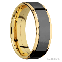 7 mm wide/Flat Grooved Edges/14K Yellow Gold band with one 5 mm Raised Centered inlay of Zirconium.