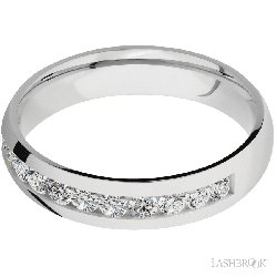 5 mm wide/Domed/Cobalt Chrome band with a Half Eternity arrangement of .07 carat Round Diamond stones in a Channel setting.