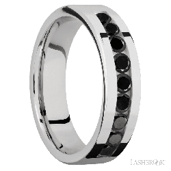 6 mm wide/Flat/Cobalt Chrome band with an arrangement of 9, .1 carat Round Black Diamond stones in a Channel setting.