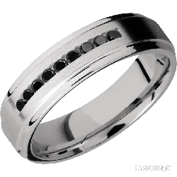 6 mm wide/Flat Grooved Edges/Cobalt Chrome band with an  arrangement of 9, .03 carat Round Black Diamond stones in a Channel setting.