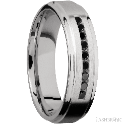6 mm wide/Flat Grooved Edges/Cobalt Chrome band with an  arrangement of 9, .03 carat Round Black Diamond stones in a Channel setting.