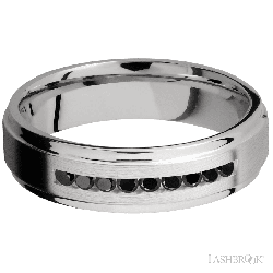 6 mm wide/Flat Grooved Edges/Cobalt Chrome band with an  arrangement of 9, .03 carat Round Black Diamond stones in a Channel setting.